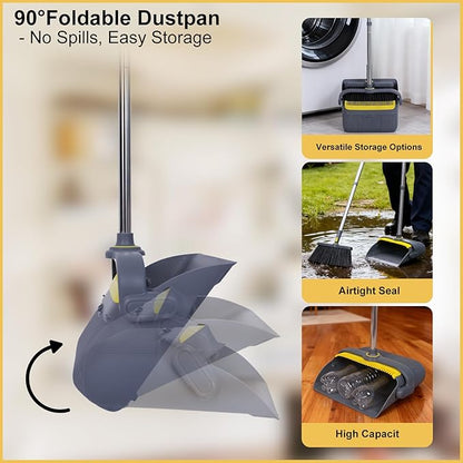 Upgrade Broom with Dustpan Combo Set Heavy Duty, Ergonomic Adjustable Handle, Cleaning Teeth, Ideal for Pets, Indoor and Outdoor Sweeping（Gray）