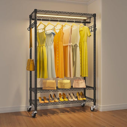VIPEK R3L Garment Rack Rolling Clothes Rack with Dimmable Led Light, Portable Closet for Hanging Clothes Heavy Duty Wardrobe with Wheels & Side Hooks, Clothing Rack with Adjustable Shelves, Black