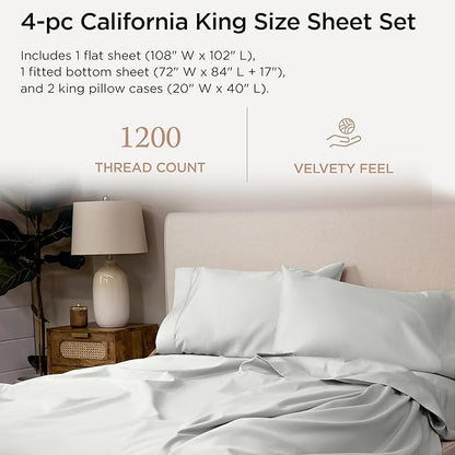 Threadmill Supima Cotton California King Sheets - 1200TC Light Grey Cal King Bed Sheets, 4 Pc with Non-Elastic Deep King Size Pocket Sheets