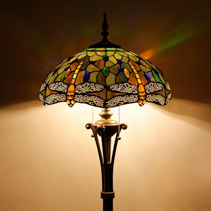 Tiffany Floor Lamp Brown Yellow Stained Glass Dragonfly Standing Reading Light 16X16X70 Inches Antique Pole Corner Lamp Decor Bedroom Office Living Room