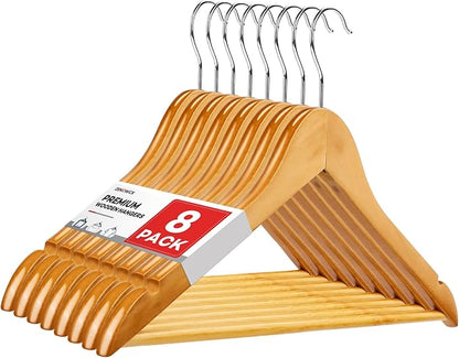 Wooden Hangers 8 Pack, Heavy Duty Wood Hangers for Coats, Suits, Jackets, Closet & Pants Durable Premium Wood Hanger with 360-Degree Rotatable Hook and Notches, Natural