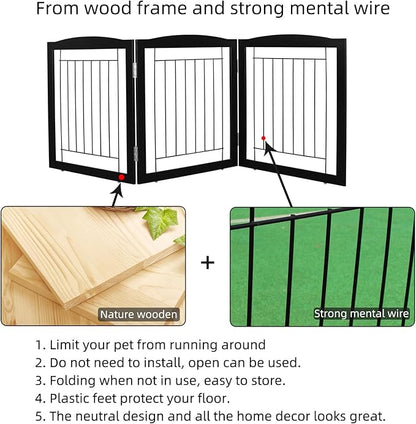 ZJSF Freestanding Foldable Dog Gate for House Extra Wide Wooden Black Indoor Puppy Gate Stairs Doorways Pet Gate Tall Dog Fence 3 Panels Fence
