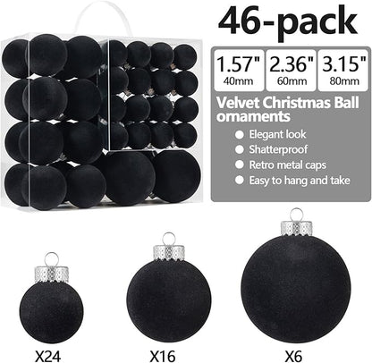 Velvet Christmas Ball Ornaments Set-46pcs Flocked Shatterproof Christmas Tree Decorations Plastic Xmas Decorative Hanging Ornaments for Xmas Holiday Home Decor,3 Sizes(Black)