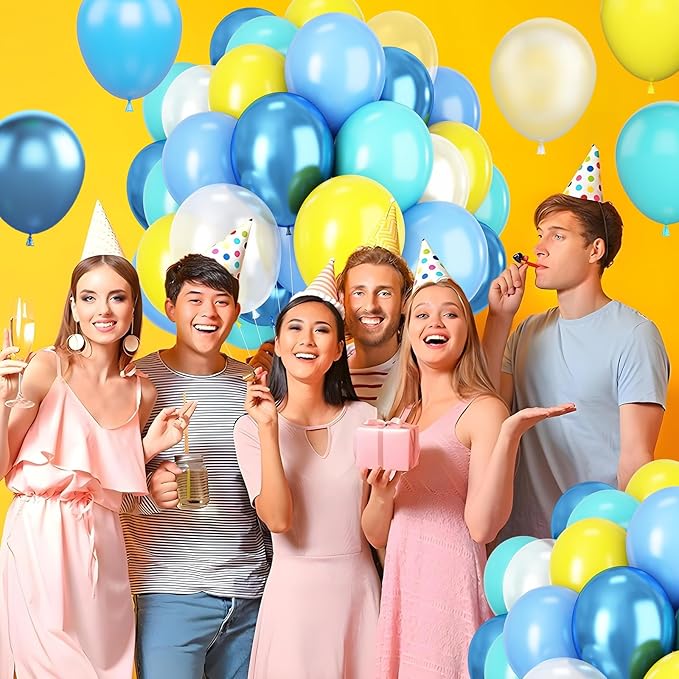 Blue Yellow Balloons, 50 Pcs 12 Inches Yellow Blue Clear Balloon, Teal Blue Metallic Clear Balloon for Girls Boy Cartoon Theme Birthday Baby Shower Wedding Party