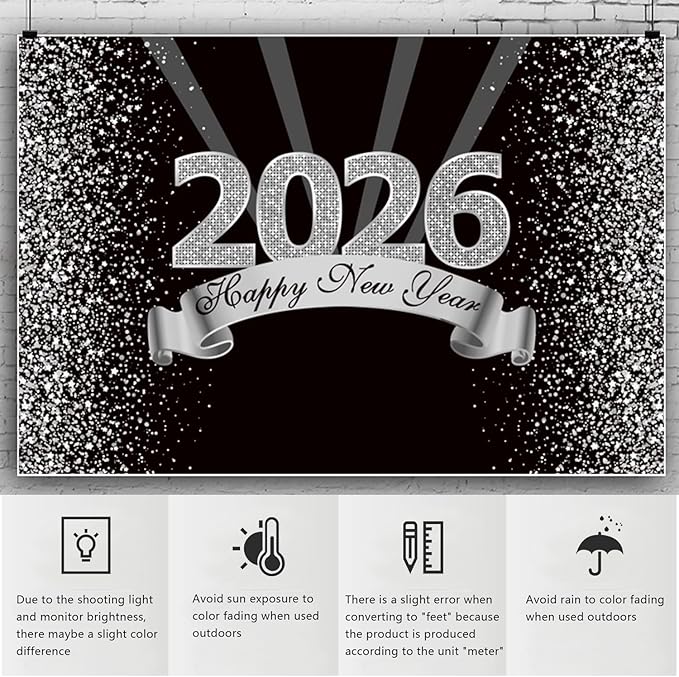 YongFoto 2026 Happy New Year Backdrop 10x8ft Black Silver Photography Background Merry Christmas Night Festival Carnival Celebration Party Banquet Decor Banner Photoshoot Wallpaper Photo Booth