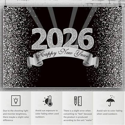 YongFoto 2026 Happy New Year Backdrop 10x7ft Black Silver Photography Background Merry Christmas Night Festival Carnival Celebration Party Banquet Decor Banner Photoshoot Wallpaper Photo Booth