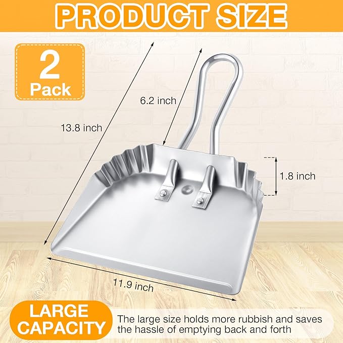 Mumufy 8 Pcs 12 Inch Heavy Duty Metal Dustpan, Stainless Steel Large Wide Dust Pans for Household, Handheld Scooper, Debris Cleaning Tool for Home Garage Studio Courtyard Indoor Outdoor(Silver)