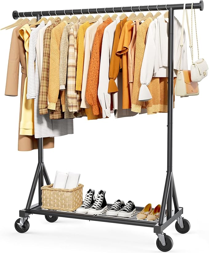 Stainless Steel Rolling Clothes Rack with Mesh Shelf, Lockable Wheels & Anti-Slip Stoppers, Freestanding Clothing Organizer for Bedroom, Laundry Room, 42.5" x 16.5" x 65.9", Black