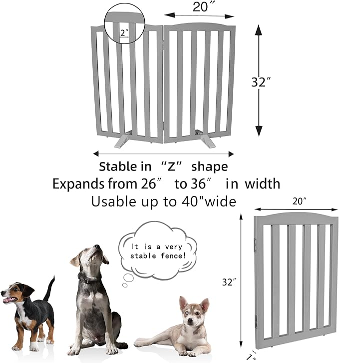ZJSF Foldable Freestanding Indoor Dog Gate for House Wood Long Pet Gates Dog Fence for Stairs Puppy Gates for Hallways, Puppy Gate,Support Feet Included, Grey, 32 "Height-2 Panels