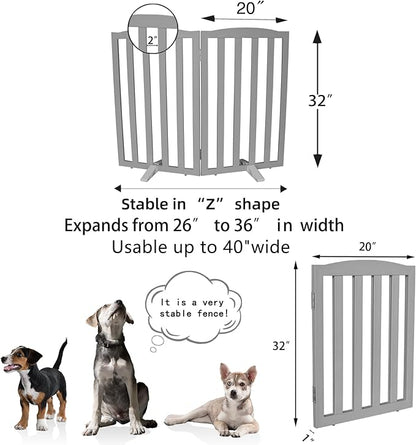 ZJSF Foldable Freestanding Indoor Dog Gate for House Wood Long Pet Gates Dog Fence for Stairs Puppy Gates for Hallways, Puppy Gate,Support Feet Included, Grey, 32 "Height-2 Panels