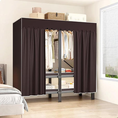 Heavy Duty Clothes Rack with Magnetic Door, Metal Foldable Covered Clothes Rack, Portable Wardrobe Closet System for Hanging Clothes, Rolling Garment Racks for Bedroom (Brown Zipper, 74.8in)
