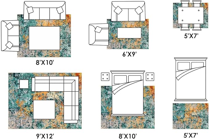 Washable Area Rug for Living Room: 6x9 Modern Abstract Neutral Soft Rug for Bedroom Dining Room No Slip Low Pile Carpet for Nursery Home Office - Teal/Orange