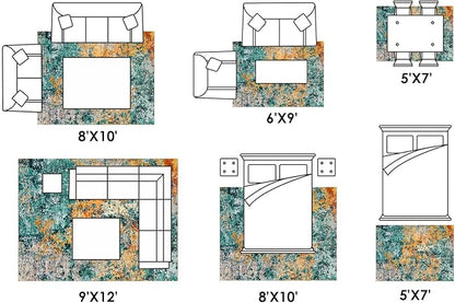 Washable Area Rug for Living Room: 8x10 Modern Abstract Neutral Soft Rug for Bedroom Dining Room No Slip Low Pile Carpet for Nursery Home Office - Teal/Orange
