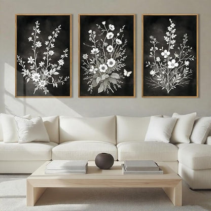 BINCUE Framed Black and White Floral Wall Art Set of 3 Botanical Wall Decor Flower Painting for Living Room Bedroom Office 16x24 Inches