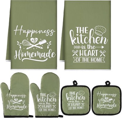 Sratte 6 Pcs Kitchen Decor Accessories Set Farmhouse Towels Pot Holders Oven Mitts Set 2 Dish Towels 2 Potholders 2 Cooking Mittens Oven Glove for Christmas Baking Cooking Supply(Green,Kitchen)