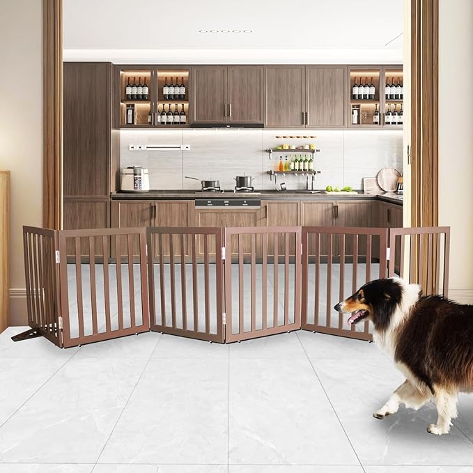 Dog Gate Indoor, Freestanding Dog Fence for The House, Doorways, Hallways,or Stairs,Pet Gate Foldable Wooden,Expandable 24" Height 6 Panels,Brown