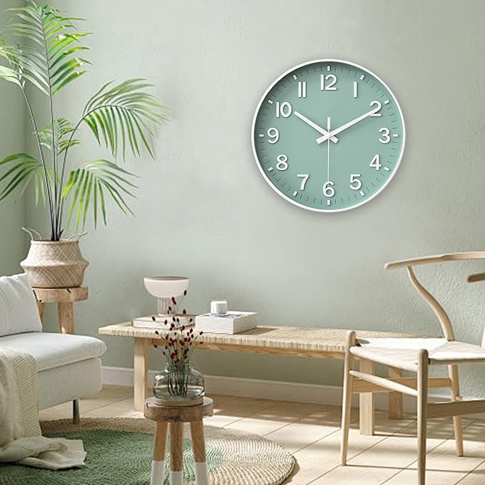 HZDHCLH Wall Clocks Battery Operated,Wall Clock Green,12 inch Wall Clock Silent Non Ticking Modern 3D Numbers for Kitchen Bedroom Living Room Office Classroom Decor