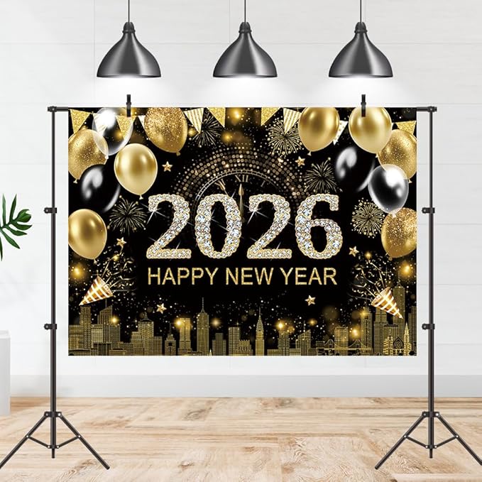Gold 2026 Happy New Year Backdrop 7x5ft with Firework Balloon Decorations Photography Background New Year Eve Party Photo Studio Props