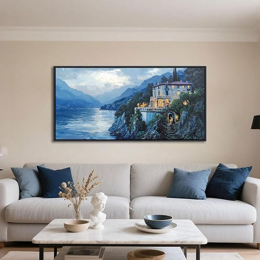 QZQCBLC Landscape Canvas Wall Art, Blue Mountains Lake Houses Green Trees Scenery Framed Paintings Artwork for Living room Bathroom Bedroom Home Office Wall Pictures Decor 20x40 IN