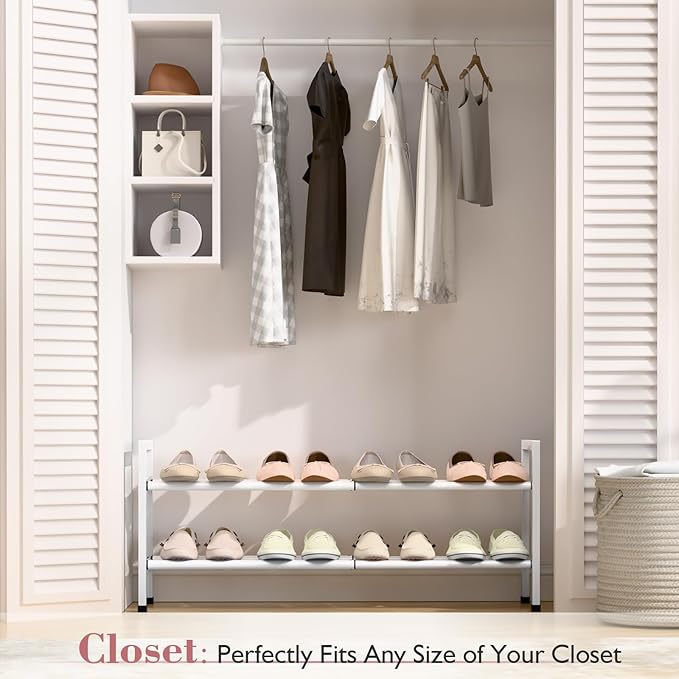Bumusty 2-Tier Expandable Shoe Rack for Closet, 18“-33” Adjustable Shoe Rack for Small Space, Small Shoe Organizer for Front Door, Sturdy Metal, White