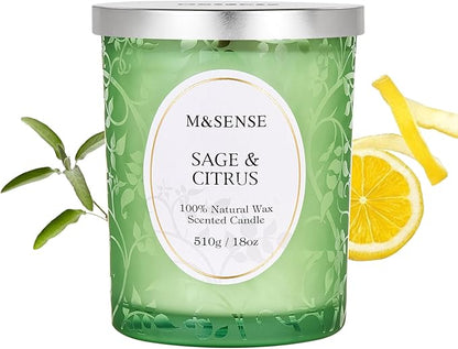 M&SENSE Sage Citrus Soy Candle, Cracking Wooden Wick 18oz 100 Hours Long Lasting Clean Burn, Large Jar Winter Aromatherapy Candle for Home Decor, Non-Toxic Relaxing Gifts for Women