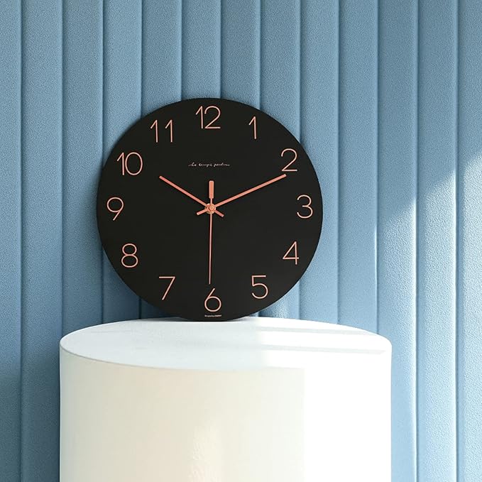 mooas Flatwood Black Wall Clock,12" Non-Ticking Sweep Movement Decorative Modern Battery Operated Decorative Wall Clock for Home Living Room Kitchen Bedroom Office School Cafe Hotel (Black)