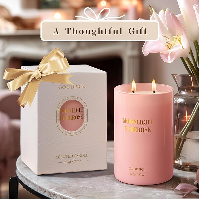 Goodpick Candles for Women, Tuberose Soy Candles for Home Scented, Large Candle for Warmer Lamp, 22oz 120 Hour, Pink