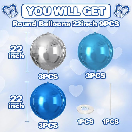 Blue Silver Round Foil Balloons 9 pcs,Metallic Giant 4D Round Balloons 22 Inch for Birthday Graduation Baby Shower Party Decorations