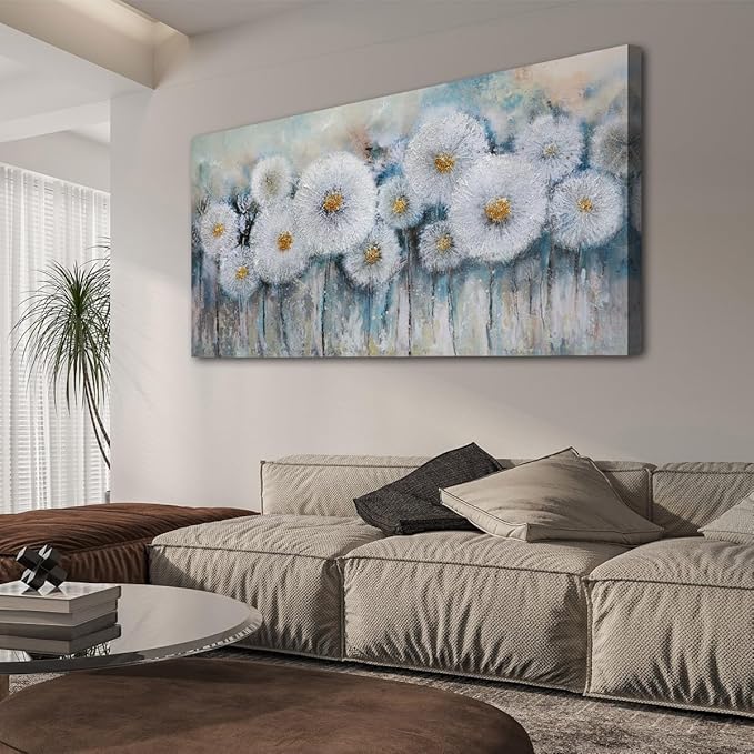 Acocifi Floral Canvas Wall Art for Living Room Dandelion Picture Large Flower Bedroom Painting 60% Handmade Textured, Grey Vintage Artwork Framed for Dining Room Office Home Decor 40"x20"