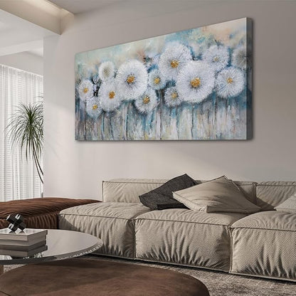 Acocifi Floral Canvas Wall Art for Living Room Dandelion Picture Large Flower Bedroom Painting 60% Handmade Textured, Grey Vintage Artwork Framed for Dining Room Office Home Decor 40"x20"