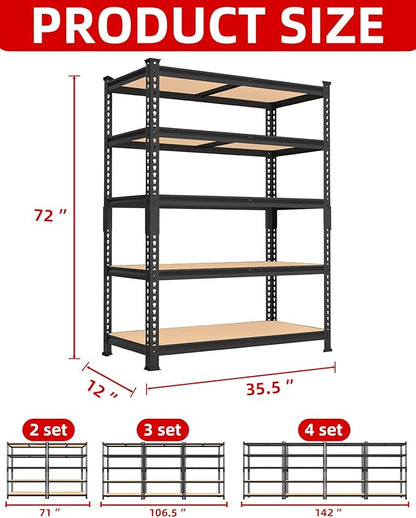 PrimeZone 35.5" x 12" x 72" Heavy Duty Storage Shelves - 5 Tier Adjustable Garage Storage Shelving, Metal Storage Utility Rack Shelf Unit for Warehouse Pantry Closet Kitchen, Black, 3 Pack