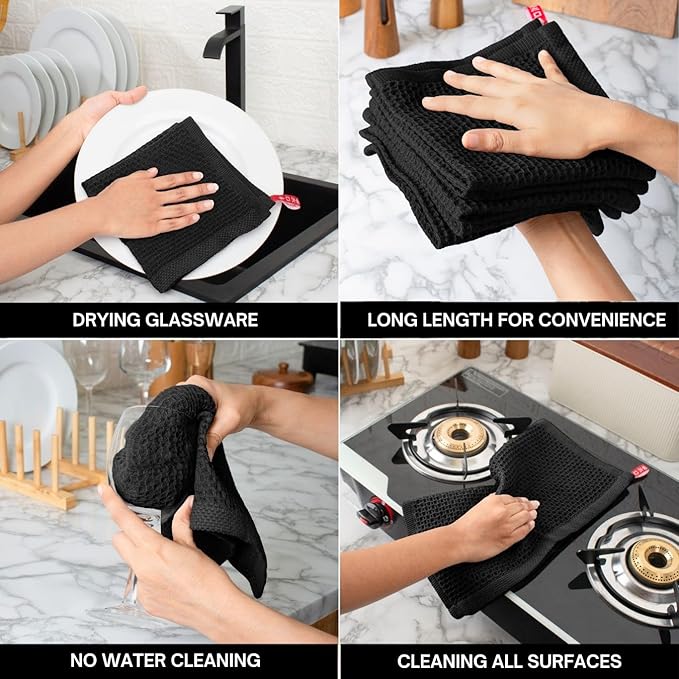 Premium Cotton Waffle Wash Cloths - Pack of 8 (12x12 Inches), Ultra Soft, Absorbent, Quick Dry Dish Cloth, Best for Wash Cloth & Dish Rags - Black (Kitchen Essentials)