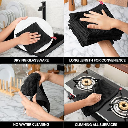 Cotton Waffle Weave Wash Cloths - Pack of 12 (12x12 Inches) | Ultra Soft, Absorbent Dish Cloth | Quick Dry, Dish Cloths & Dish Rags - Black (Kitchen Essentials)