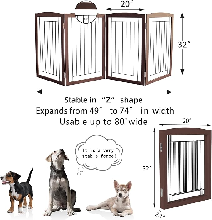 ZJSF Freestanding Foldable Dog Gate for House Extra Wide Wooden Brown Puppy Gate Stairs Dog Gates Doorways Tall Pet Gate 32 "Height 4 Panels Pet Fence
