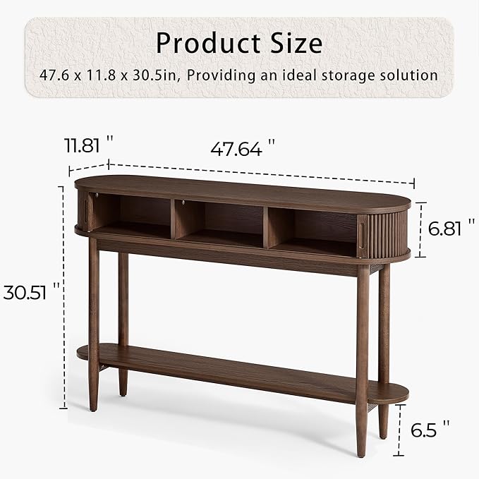 LINSY Fluted Console Table with Storage, Entryway Table Wood Entrance Tables for Front Door, Behind Couch Sofa Table with Shelves, Foyer Tables for Hallways, Living Room Vintage Furniture, Walnut