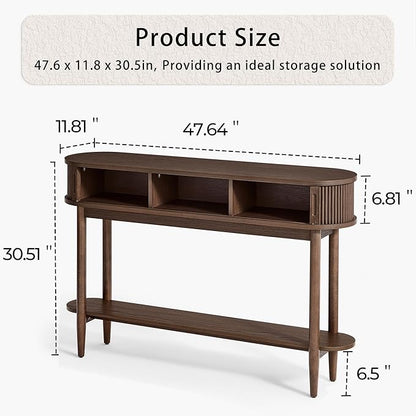 LINSY Fluted Console Table with Storage, Entryway Table Wood Entrance Tables for Front Door, Behind Couch Sofa Table with Shelves, Foyer Tables for Hallways, Living Room Vintage Furniture, Walnut