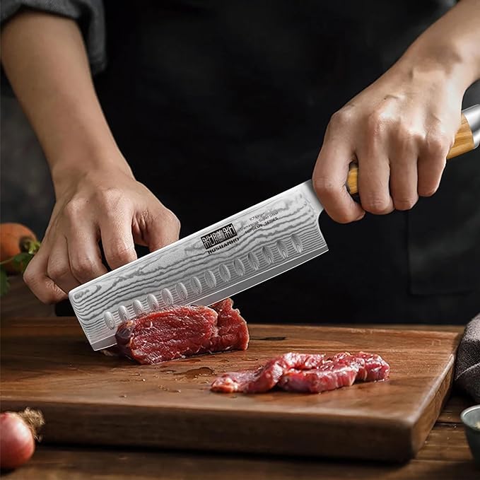 Damascus Nakiri Knife 6.5 Inch, Super Sharp Damascus VG-10 Japanese Kitchen Knife, Cleaver and Vegetable Knife with Ergonomic Olive Wood Handle
