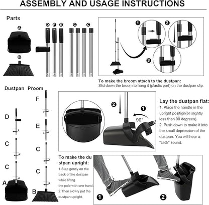 Upgraded Broom and Dustpan Set, 55" Long Handle Black Large Broom with Dustpan Combo Set，Self Cleaning Dustpan for Lobby Kitchen Office Restaurant