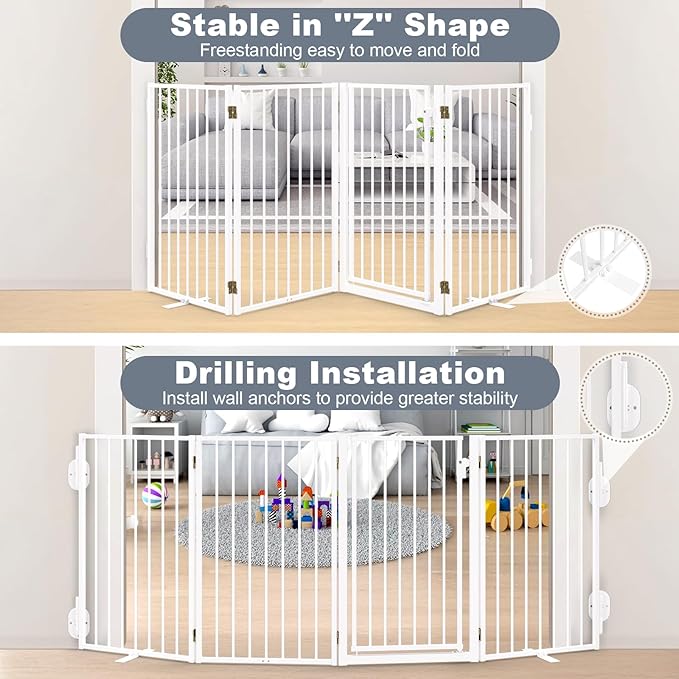 Metal Freestanding Dog Gates with Door for Outdoor Indoor,80'' Extra Wide 36'' Tall Free Standing Dog Gate for Doorways,Large Openings,Deck,Yard,Porch,Foldable Pet Fence(White,4 Panels)