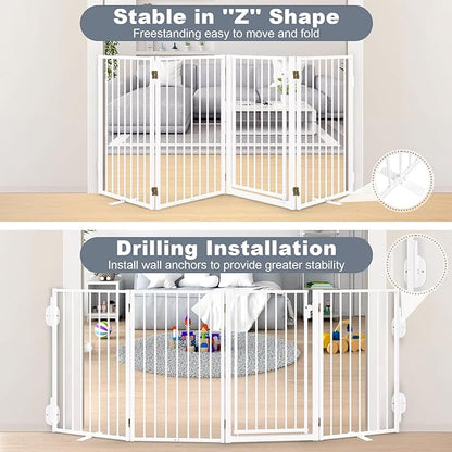Metal Freestanding Dog Gates with Door for Outdoor Indoor,80'' Extra Wide 36'' Tall Free Standing Dog Gate for Doorways,Large Openings,Deck,Yard,Porch,Foldable Pet Fence(White,4 Panels)