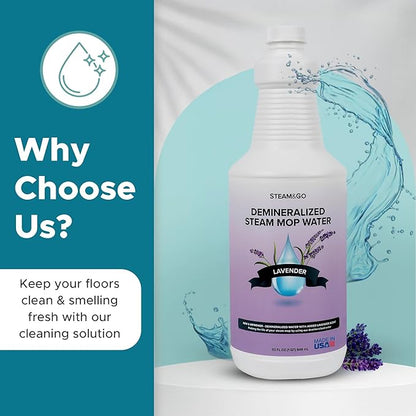 Steam & Go Demineralized Water Cleaning Solution for Floor & Multi-Surface Steam Cleaners - Compatible for All Steam Mops - Lavender Scent, 32 oz