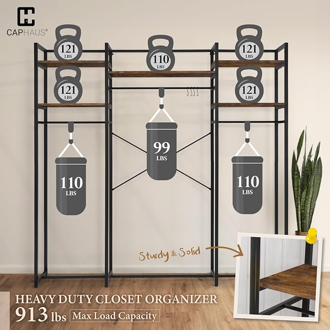 CAPHAUS 913lbs Capacity Garment Rack for Hanging Clothes, Heavy Duty Open Wardrobe w/Hanging Rods, Free Standing Closet Organizer, Clothing Rack, Metal Closet w/Wooden Boards, Rustic Oak Board