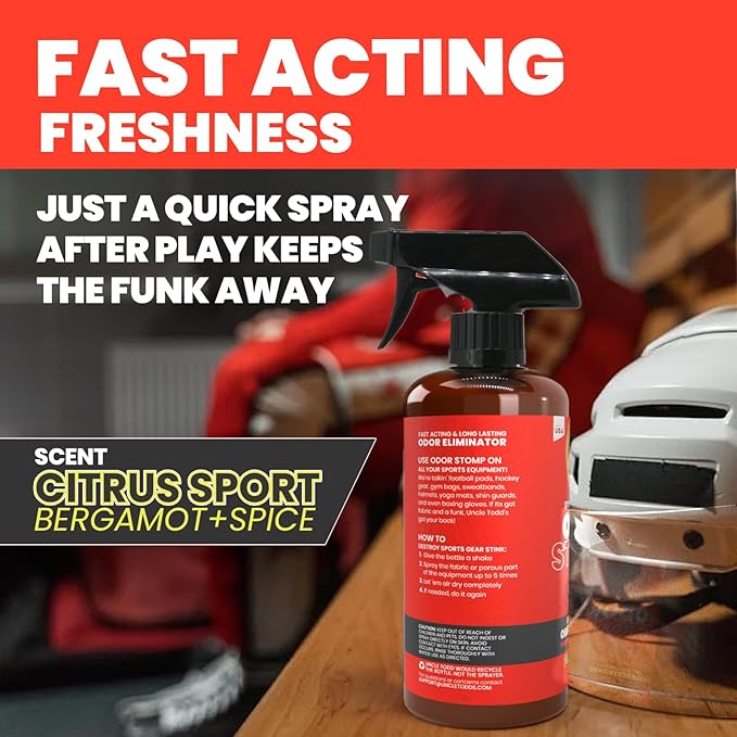 Uncle Todd’s Odor Stomp Sports Equipment Odor Eliminator Spray - Extra Strength Enzyme-Powered Deodorizer for Football, Hockey, Gym Bags, and Athletic Gear - Citrus Sport Scent - 16oz
