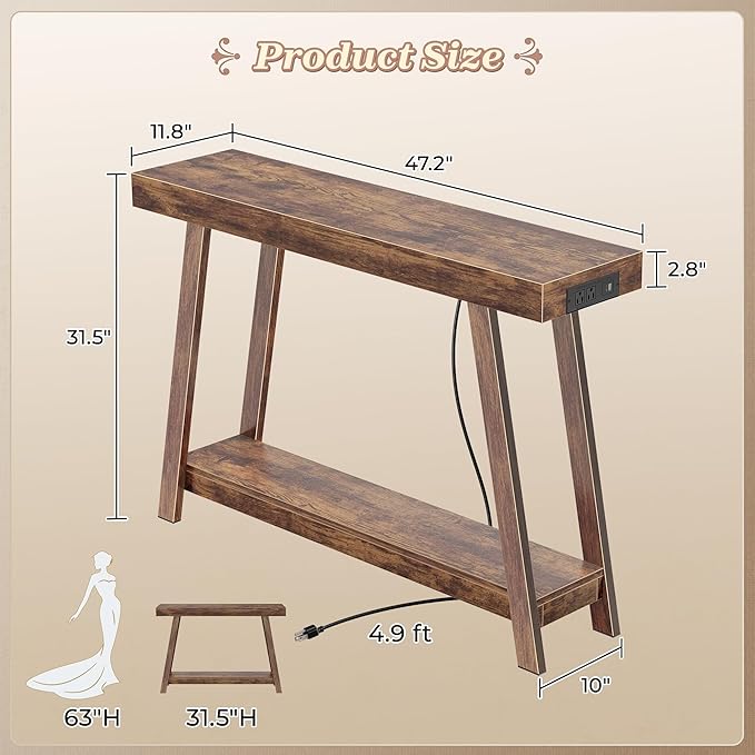 Huuger Console Table with Charging Station, USB-C Port, 2 Tiers Entryway Table, 47.2 Inch Sofa Table with Metal Legs, Entry Hallway Table with Thicker Desktop, Behind Couch Table, Rustic Brown