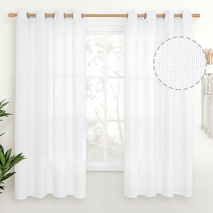 YoungsTex White Linen Curtains 63 inch Length for Short Windows, Light Filtering Textured Semi Sheer Drapes with Bronze Grommet for Bedroom Living Room Privacy, 2 Panels, 52 X 63 Inch