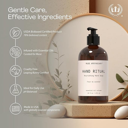 Muse Apothecary Hand Ritual - Aromatic and Nourishing Hand Soap, Infused with Aromatherapy Essential Oils - USDA Certified Biobased - 16 oz, Bergamot + French Lavender + Sandalwood, 3 Pack