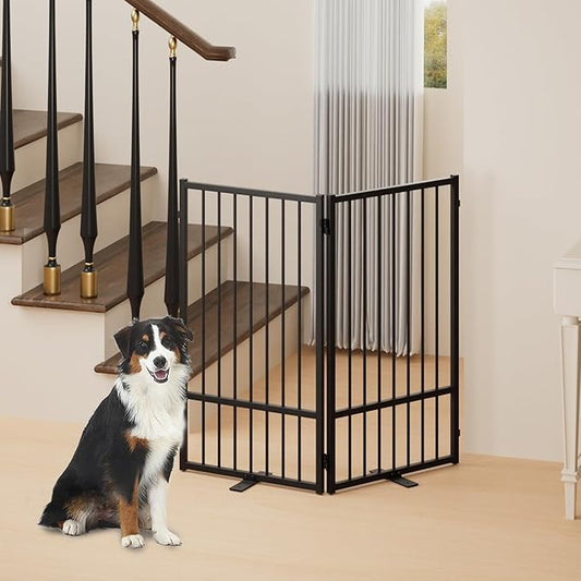 Full Metal Freestanding Dog Gate with Door, 36''Height Foldable Pet Dog Fence for Indoor & Outdoor, 2 Panels Extra Wide Free Standing TallDog Gates for Doorways,House,Stairs,Porch,Deck,Yard