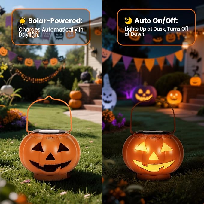 Halloween Pumpkin Solar Lanterns - Jack O Lantern Hanging Solar Light Waterproof for Yard, Patio, Garden,Spooky Decor Halloween Party Decorations