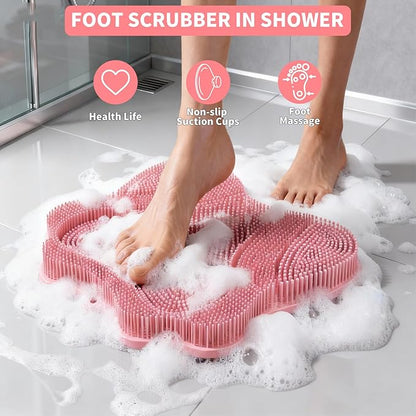 Show Foot Scrubber Mat & Silicone Back Scrubber with Butterfly Form Design,3 Brush Designs for Deep Cleaning Shower Foot Scrubber Mat, Wall Mounted Back Scrubber Silicone Bath(Pink)