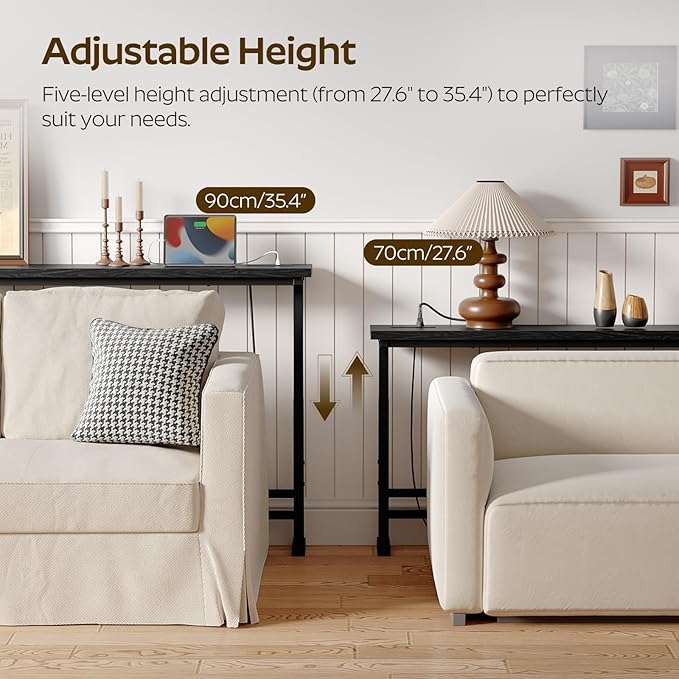 78.7" Console Table with Adjustable Height (27.6"-35.4") and Power Outlet, Skinny Behind Couch Table, Narrow Long Sofa Table for Living Room, Hallway, Entryway, Black CT09UBB